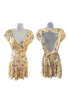 Free People Cream with Yellow & Purple Floral Wrap-Style Open Back Mini Dress